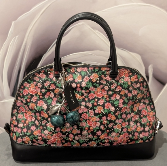 Coach Pink and Black Floral Leather & Canvas Satchel & Bonus Cherry Charm - Picture 2 of 16